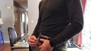 Standup masturbation in my dining room, verbal, intense orgasm and cumshot! I demonstrate a new lube!