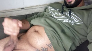 Bearded big cock jerking off and smearing himself with cum