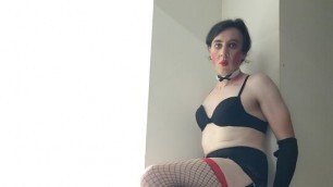 Lingerie clad sissy takes huge water enema before sucking a fucking a dildo part one