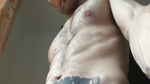 Hairy daddy body closeup, nipples, flexing