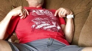 Daddy strips shirt, shorts then hot pink underwear, adds cock ring and strokes