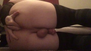 Chubby Crossdresser Shows off his Belly and Ass then Cums