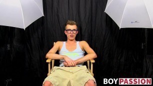 Hung twink Tanner Sharp interviewed and fucks dildo solo