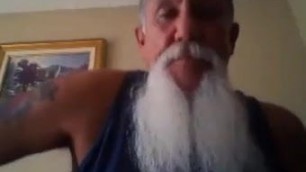 White bearded biker daddy strokes his big dick